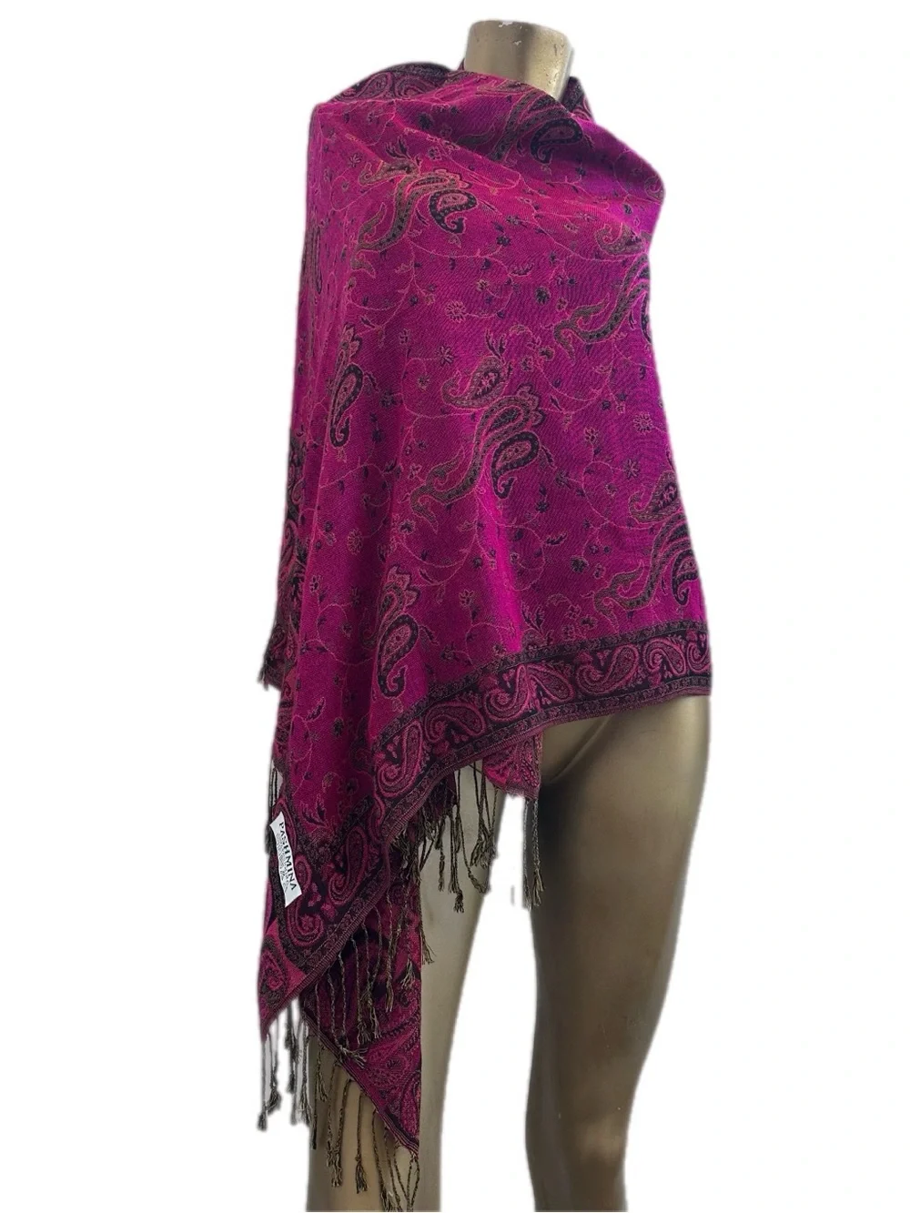 100% Pashmina reversible scarf with fringe Magenta Paisley Reversible 71x27.5